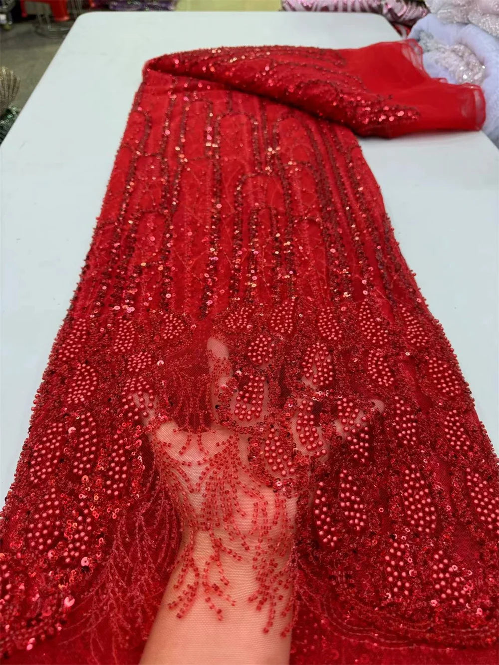 Luxurious Peach Nigerian Handmade Beaded French Lace High Quality Sequins Embroidery African Net Lace Fabric Dress Wp658-1