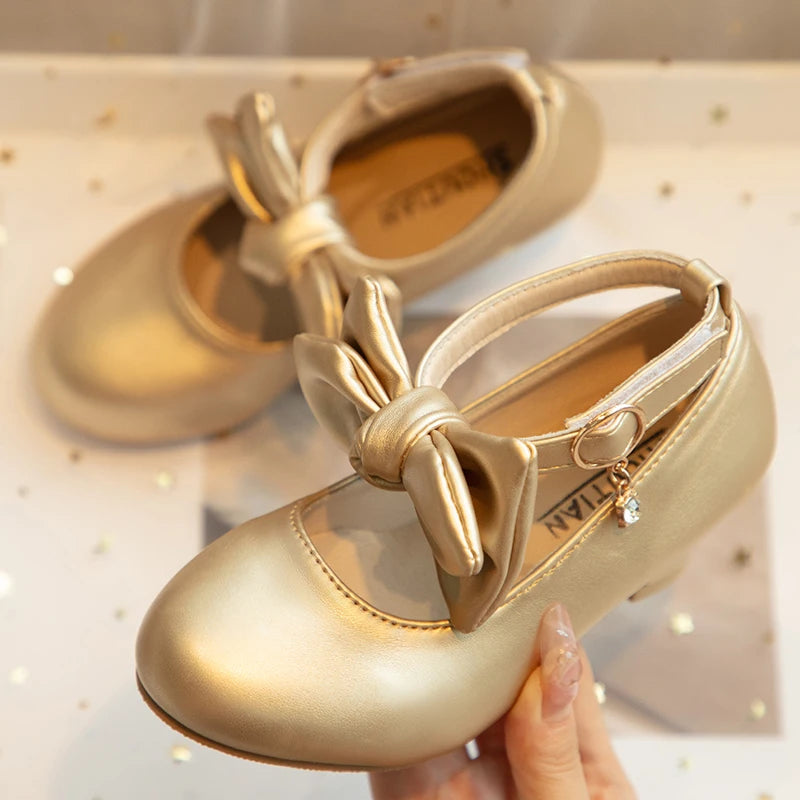 Kid Pump Shoes Girl Luxury Gold White Low Heel Dance Child Fashion Bowknot Ankle Strap Mary Janes Wedding Party Footwear