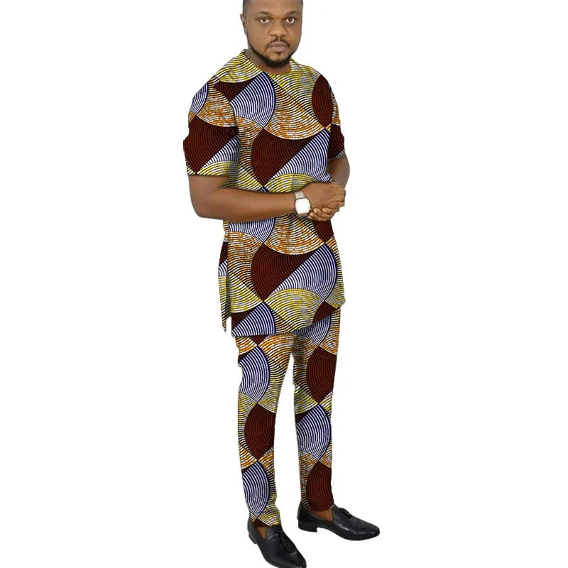 African Fashion Men's Set Outfits Short Sleeve Tops Patch Trousers Nigerian Print Male Pant Suits Party Wear Customized