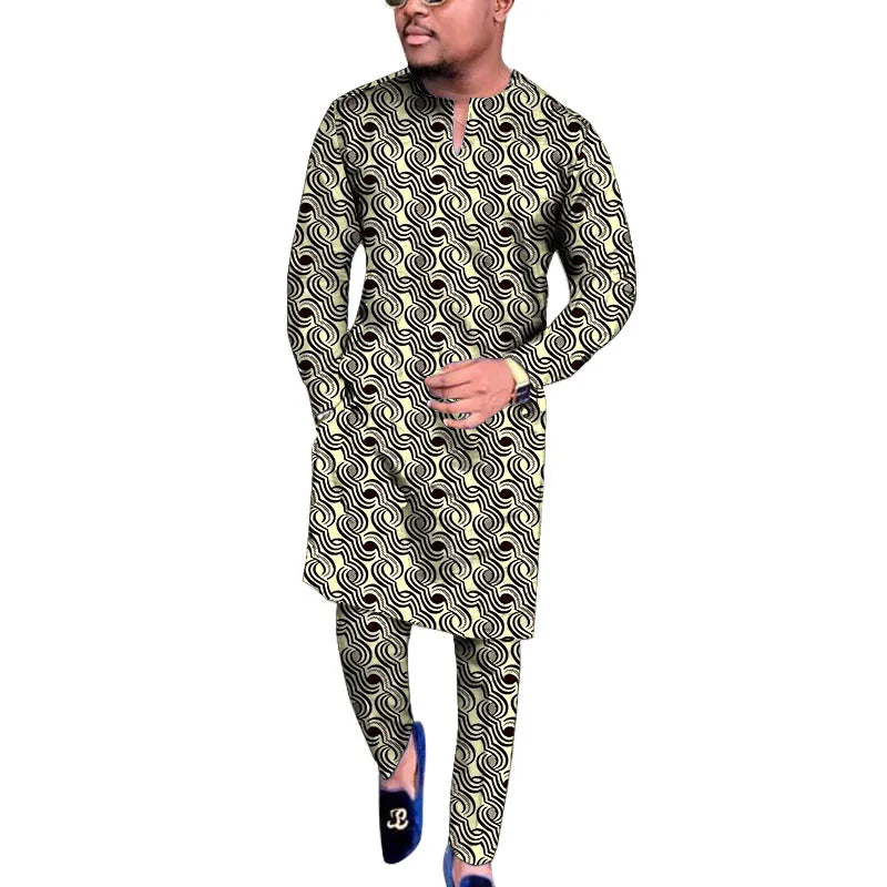 V Neck Design Tops Patch Waist Pants African Print Men's Set Tailored Nigerian Fashion Party Outfits
