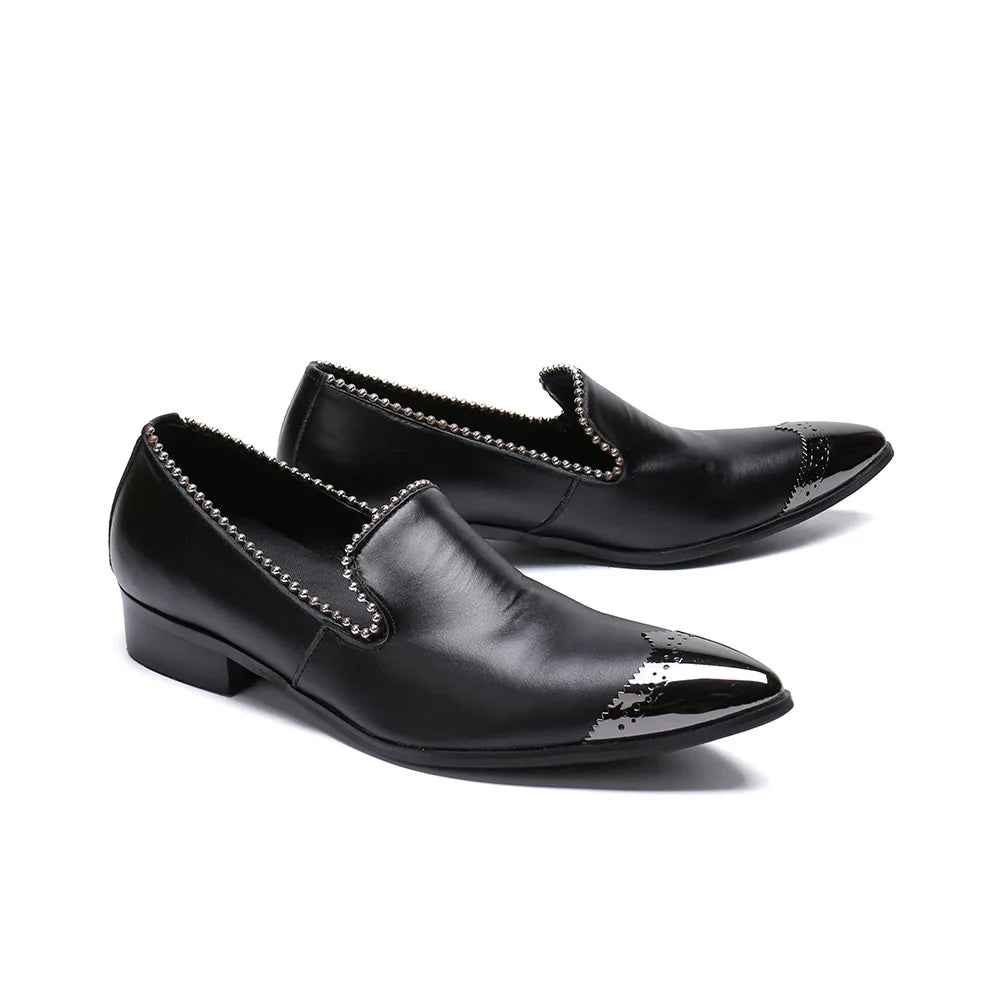 Classic Black Real Leather Men Office Casual Shoes Metal Pointed Toe Fashion Men Business Party Flat Shoes Suit Shoes Plus Size