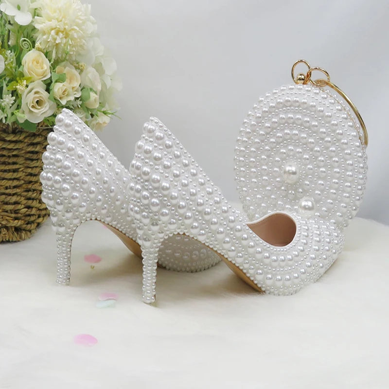 BaoYaFang White Pearl women wedding shoes And Bags Bride High heels shoes ladies party dress shoes woman Sweet Fashion Pumps