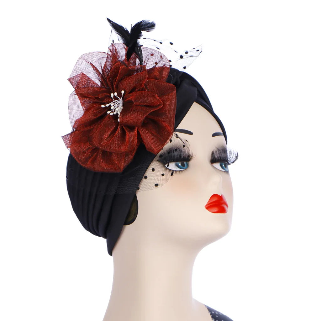 Big Flower Muslim Women Indain Hat Scarf Caps Chemo Turban Islamic Head Cover Party Evening Bonnet Pleated Vintage Elegant Hat