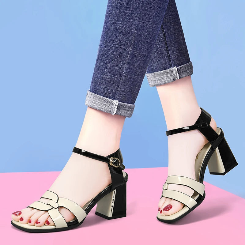 brand high heels buckle thick heel Peep Toe sandals retro women summer new waterproof Fashion women's shoes occupation Party