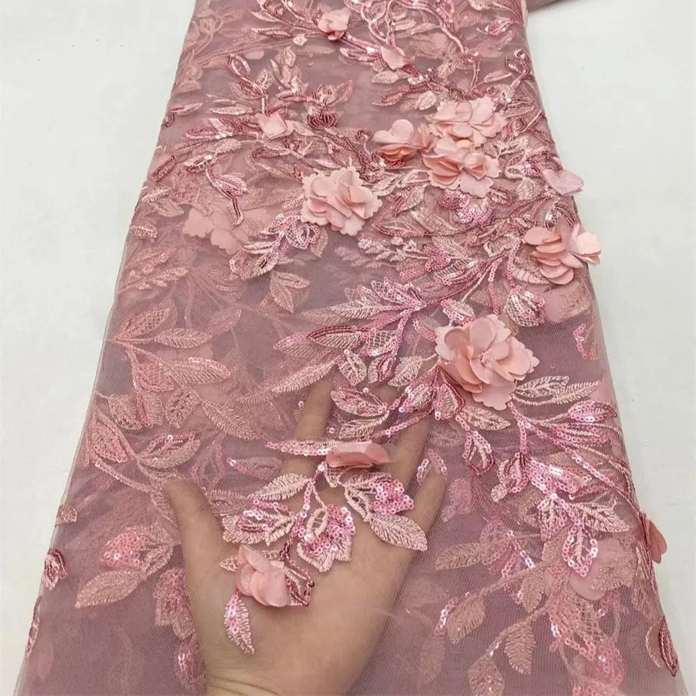Fashion French Mesh 3D Flowers Embroidery Bead Lace Fabric With Sequins African Nigerian Fabric For Wedding Dress