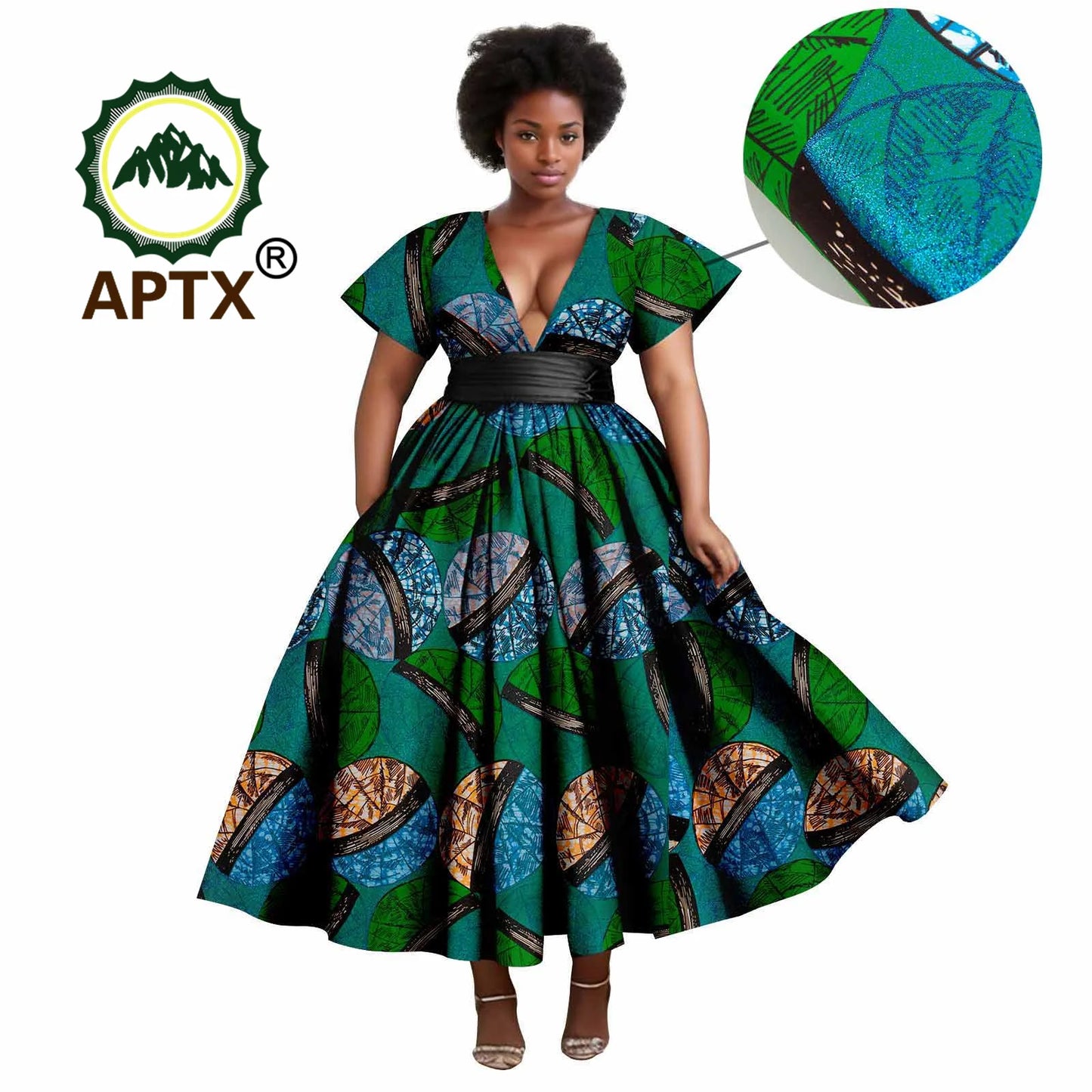 African Dresses Women's Ankara Printed Short Sleeve V-Neck With Belt And Ankle Dress Dashiki Casual Party Wedding Dresses