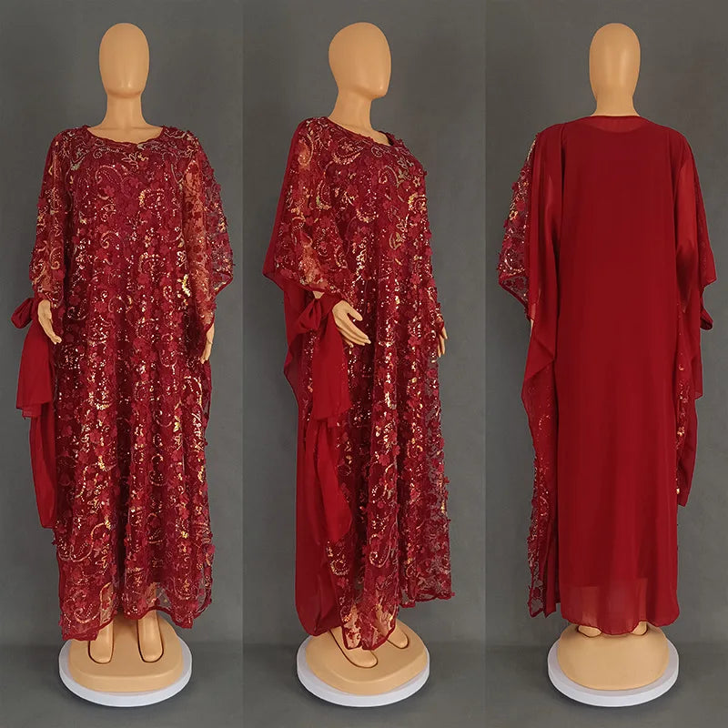 3PCS African Dresses for Women Muslim Sequins Flower Abaya Kaftan Moroccan Caftan Dashiki Robe Ankara Traditional Boubou Dress