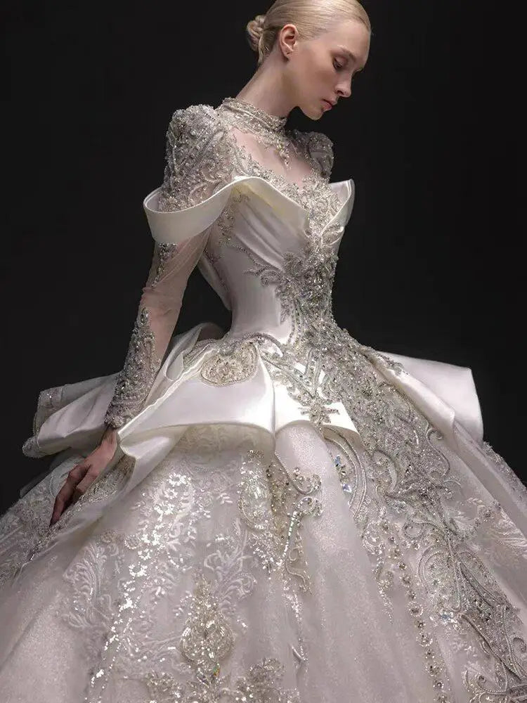 Customized Heavy Industry Satin Wedding Dress for Women New Retro Bride Long Sleeve Ball Gown Large Size Vestido De Novia