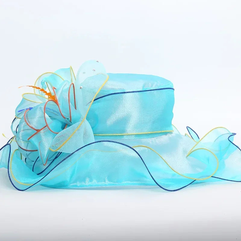 Fashion Big Bow Wide Brim Hat Women Hats for Wedding Church Dress Organza Fedora Foldable Lady Hat Sun Hats