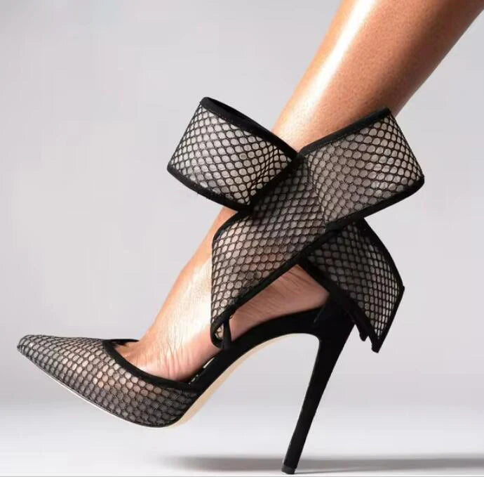 Polka Dot Bow Pumps Red Mesh Pointed Toe Stiletto Heels Side Butterfly Knot Sandals Women Evening Party Shoes Zapatos Mujere