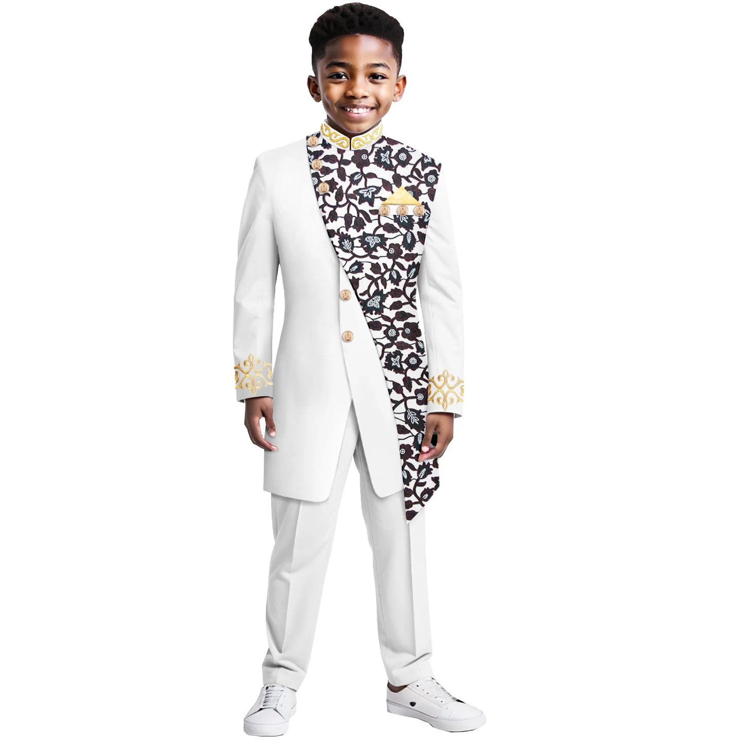 Boys Suits Wedding Tuxedo African Print Ankara Pure Cotton Jacket Pants 2 Piece Set Formal Party Fashion Dress Kids Blazer
