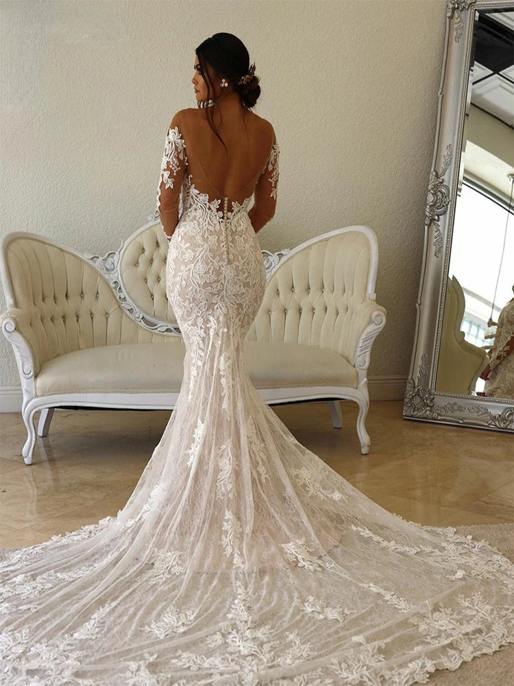 LINLING Custom Made Obe De Mariée En Dentelle, Style Boho, Illusion De Sirène, Corsage, Manches Longues, Col Transparent, 2023