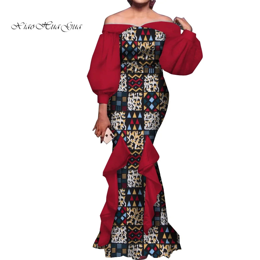 Fashion Women Ankara Dresses Flash Neck Puff Sleeve Long Dress African Dress Robe Africaine Femme Evening Mermaid Dress WY1848