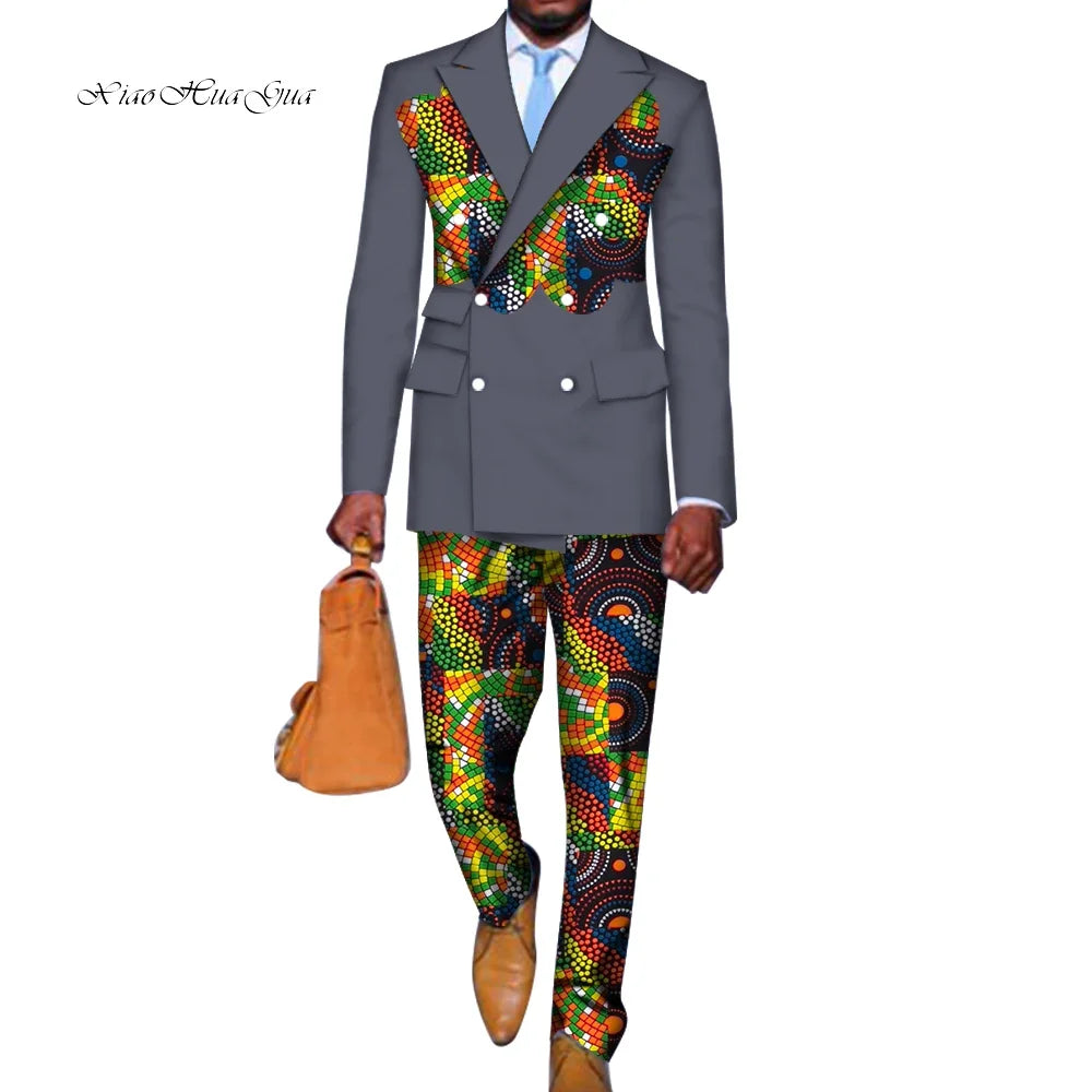 2 Pieces set Blazer and Pants Mens African Clothing Ankara Clothes Bazin Riche African Wax Print Top Suits and Pants Sets WYN740