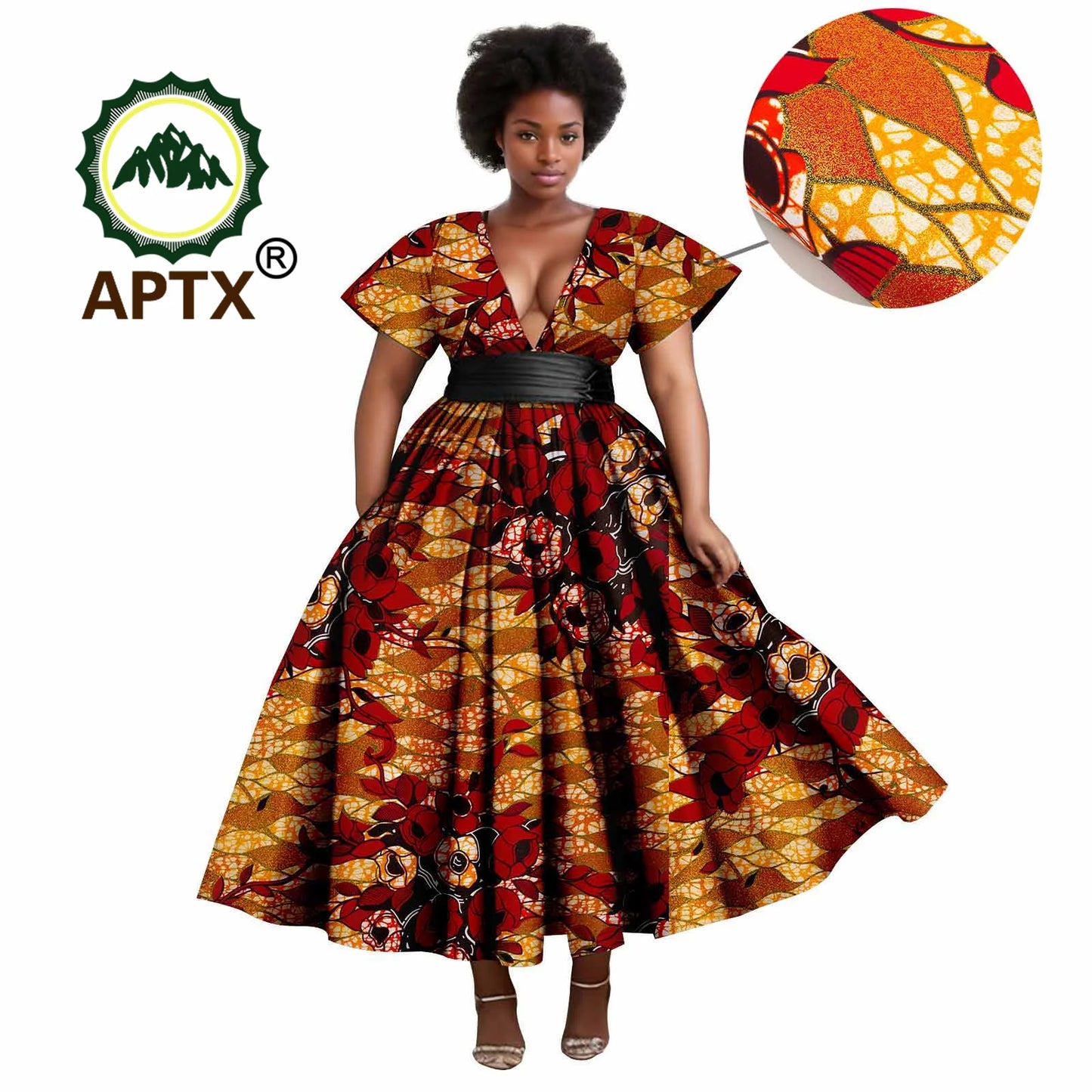 African Dresses Women's Ankara Printed Short Sleeve V-Neck With Belt And Ankle Dress Dashiki Casual Party Wedding Dresses