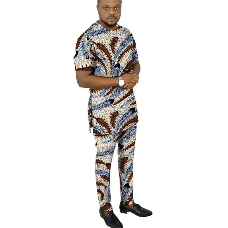 African Fashion Men's Set Outfits Short Sleeve Tops Patch Trousers Nigerian Print Male Pant Suits Party Wear Customized