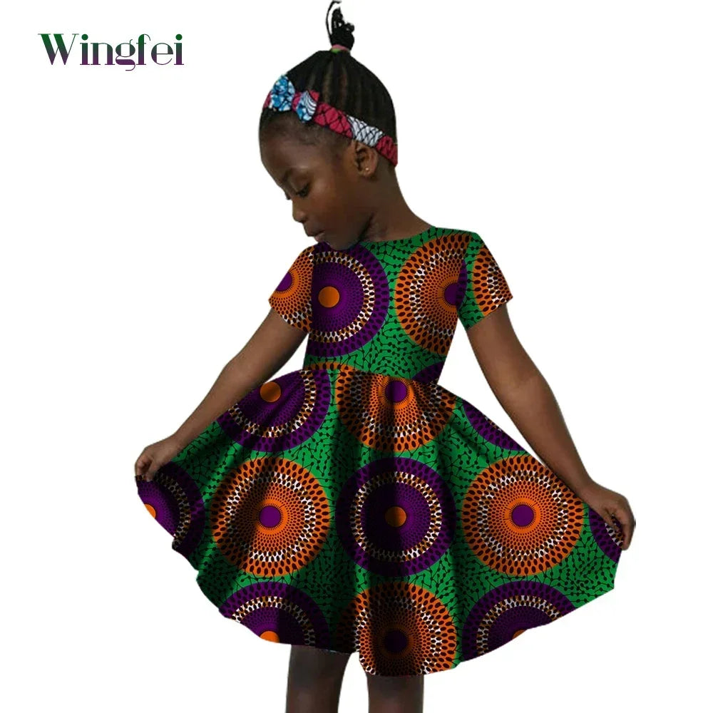 African Clothes for Children Ankara Print Kids Dashiki Dresss Short Sleeve Girl Dresses Casual Kid Attire Cotton WYT60