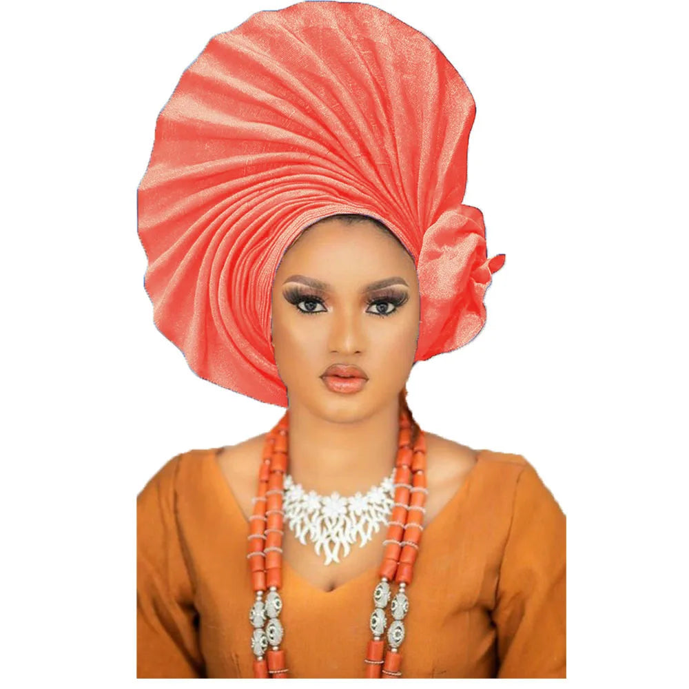 Ready-to-Wear Gele, Africa, Nigeria Orange Gele headtie hat/Aso-Oke Fabric/Headwrap, Ready Made Gele/Auto Gele