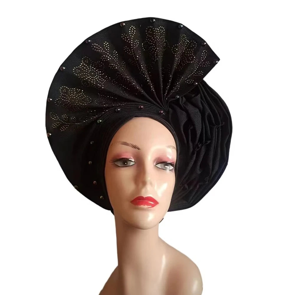 Gold Headtie Auto Gele With Stones African Sego Headtie Already Made Gele Aso Ebi Nigerian Turban Cap For Wedding