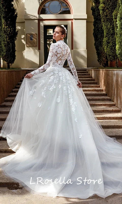 High Neckline Noble Royal Princess Flower Wedding Dress with Court Train Long Sleeves Illusion Button Back Pretty 2025 Wedding
