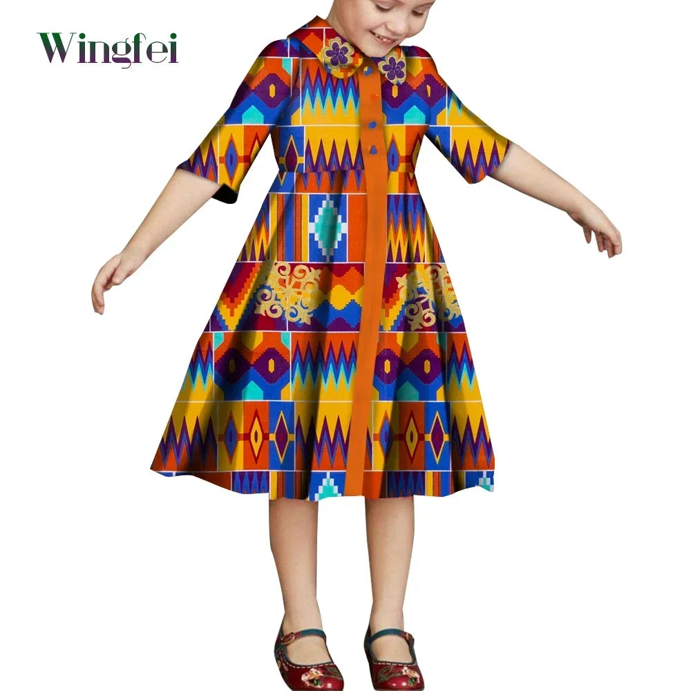 African Clothes for Children Floral Print Girls Dresses Dashiki Party Clothes Short Sleeve Ankara Baby Dresses WYT687