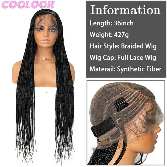 Synthetic Full Lace Braided Wig for African Women Natural Lace Front Braids Wigs with Bang 36 Inch Side Part Braid Knotless Wigs