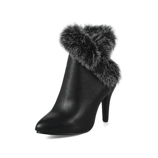 YMYECHIC Thin High Heel Ankle Boots Ladies Faux Fur Fringe Fashion Red White Black Party Wedding Shoes Women Booties Winter 2023