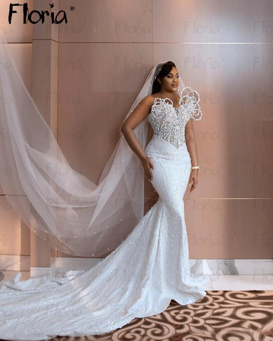 Modern White Mermaid Bridal Gowns Fashion Pearls Wedding Dress Long Train Bridal Dress Luxury Dubai Wedding Gowsn Customize