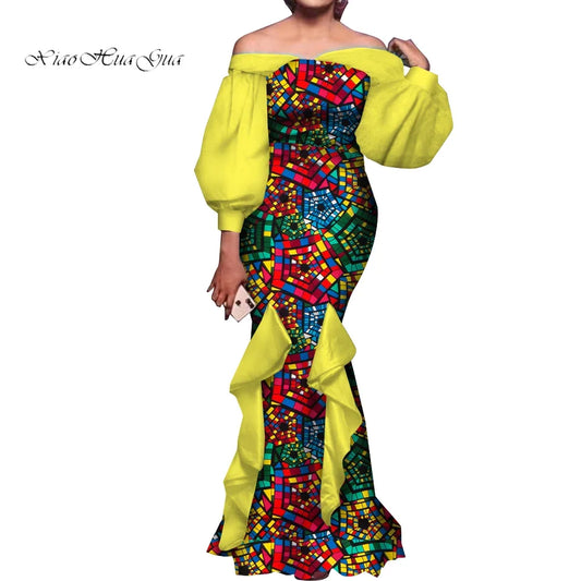 Fashion Women Ankara Dresses Flash Neck Puff Sleeve Long Dress African Dress Robe Africaine Femme Evening Mermaid Dress WY1848