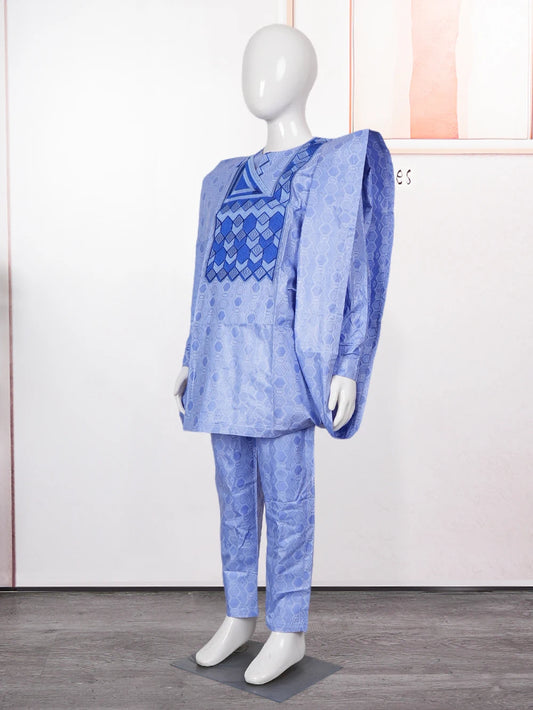 H&D New African Tradition Clothes For Kids Boys Blue Long Sleeve Tops Embroidery Dashiki Robe Shirt Pant Child Set 3 PCS