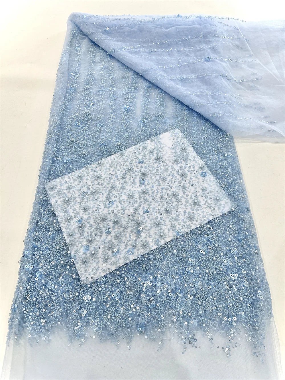 Luxury Bule Sequins Tube Beads Lace Fabric For Wedding 2025 New Design French African Tulle Mesh Lace For Evening Dress ST57AJN2