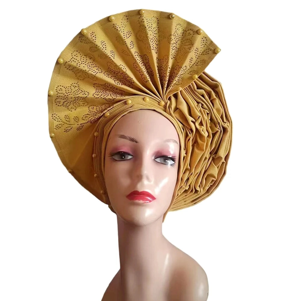 Gold Headtie Auto Gele With Stones African Sego Headtie Already Made Gele Aso Ebi Nigerian Turban Cap For Wedding