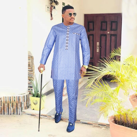 H&D New African Clothes for Men Tradition Clothing Embroidery Blue 2 Pcs Set Top Pant Bazin Muslim Wedding Party Dashiki