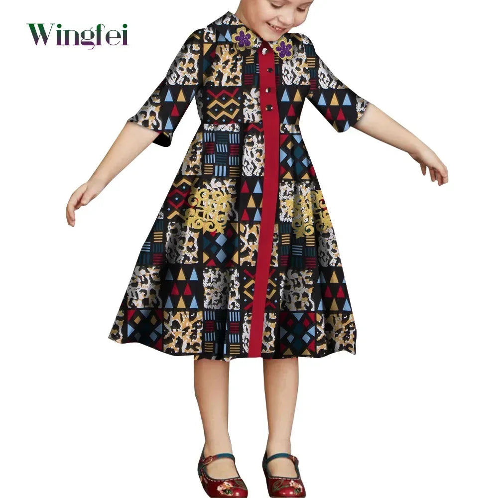 African Clothes for Children Floral Print Girls Dresses Dashiki Party Clothes Short Sleeve Ankara Baby Dresses WYT687