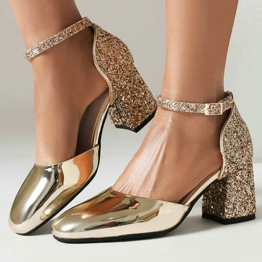 Gold Silver Glitter Sequined Bling Party Women's Bride Shoes Closed Toe Mary Janes Big Size 13 47 48 Chunky Square Heels Sandals
