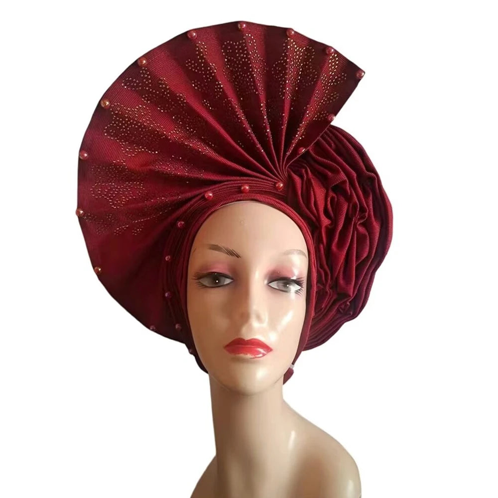 Gold Headtie Auto Gele With Stones African Sego Headtie Already Made Gele Aso Ebi Nigerian Turban Cap For Wedding