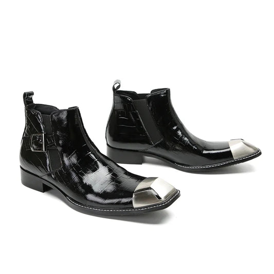 Handmade Men Real Leather Motorcycle Boot Business Plus Size Square Toe Casual Shoes Male Black Formal Party Dress Boots