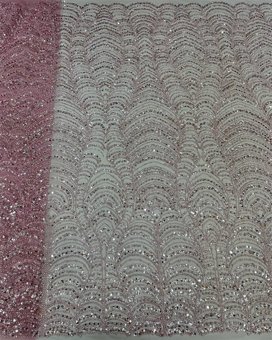 Latest Pink African Sequins Lace Fabric High Quality Lace Embroidery Beaded Mesh Fabric 5 Yards For Wedding Party Dress