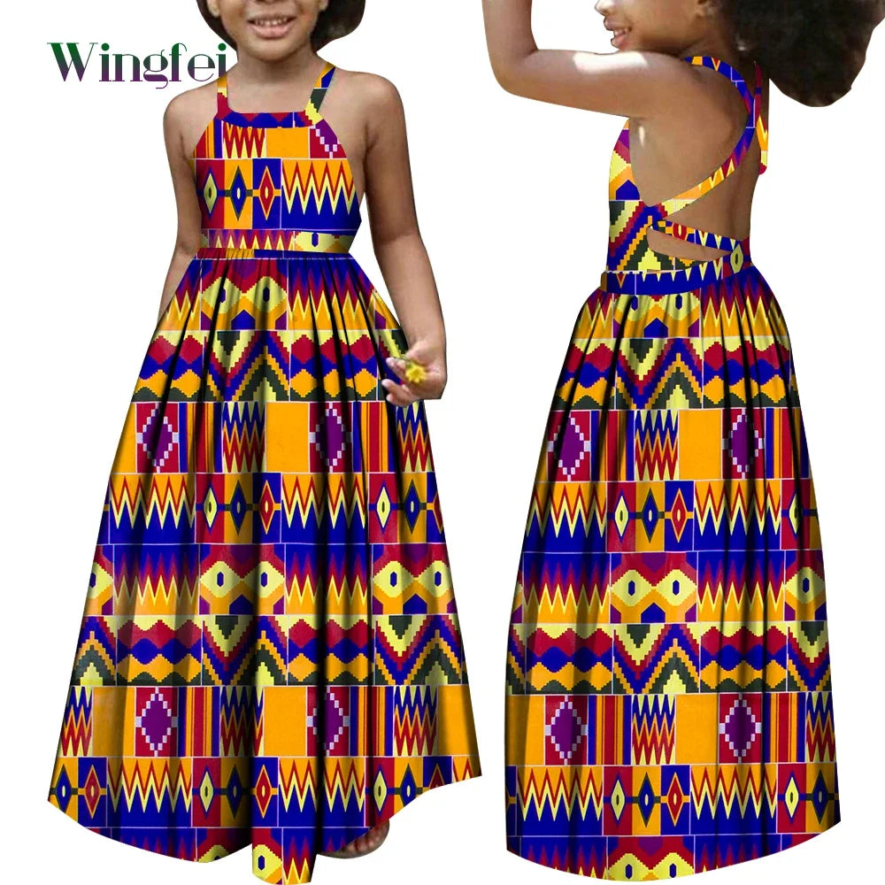 African Dresses for Girls Dashiki Children Clothes Ankara Fashion Floral Print Halter Long Dresses Kids African Clothes WYT728