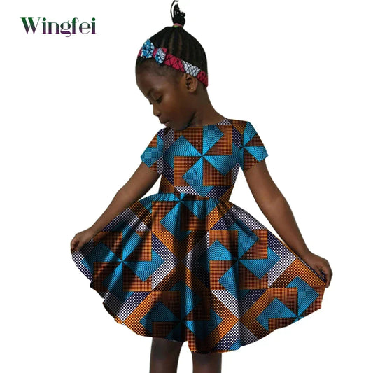 African Clothes for Children Ankara Print  Kids Dashiki Dresss Short Sleeve Girl Dresses Casual Kid Attire Cotton WYT60