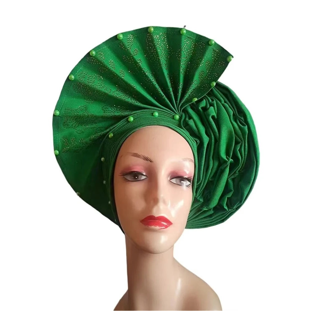 Gold Headtie Auto Gele With Stones African Sego Headtie Already Made Gele Aso Ebi Nigerian Turban Cap For Wedding