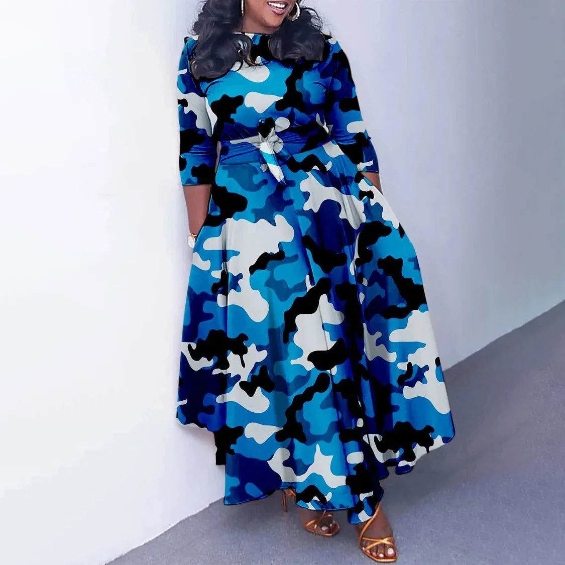 African Dresses for Women Plus Size Polyester Africa 3/4 Sleeve Dashiki Abaya Print Maxi Dress Africa Clothes Ankara Dress