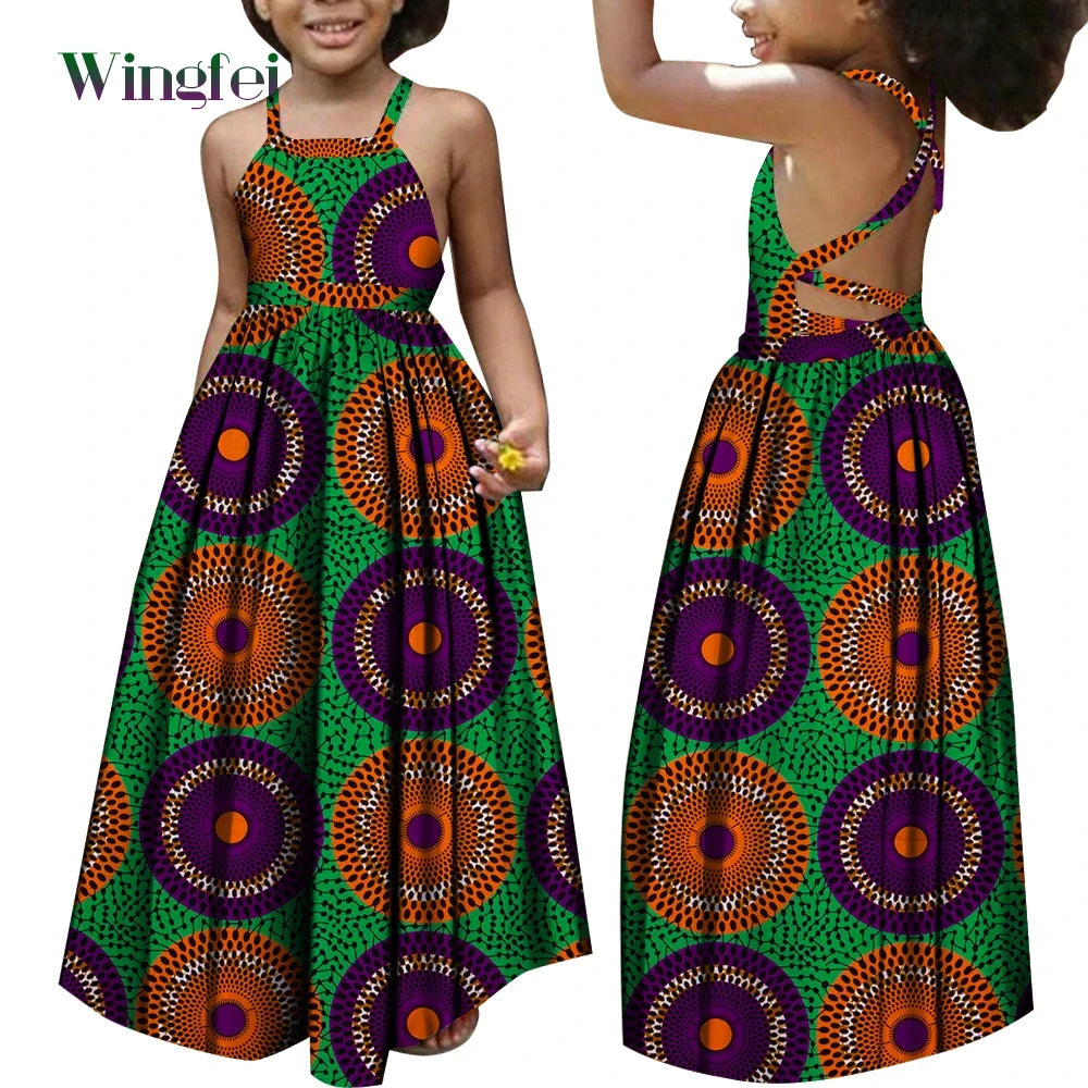 African Dresses for Girls Dashiki Children Clothes Ankara Fashion Floral Print Halter Long Dresses Kids African Clothes WYT728