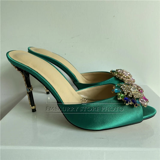 Novelty Petal Decor Stiletto Heel Sandals Women Luxury Satin Open Toe Slingbacks Colorful Rhinestone Flower Party Shoes Summer
