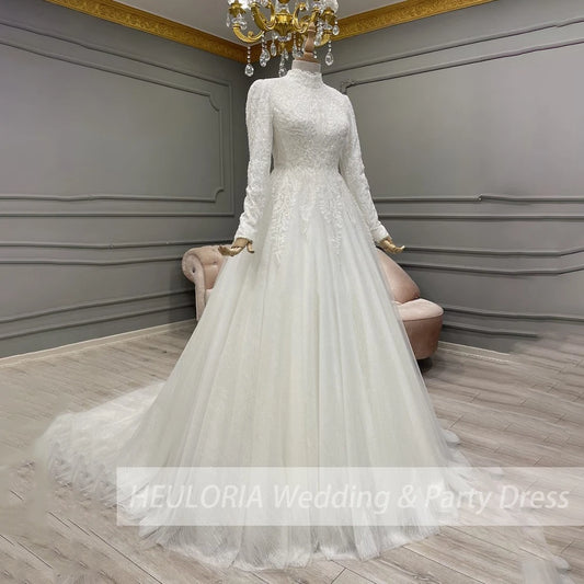 Elegant heavy lace beading Wedding Dress long sleeve high neck bride dress plus size bride Wedding Gown