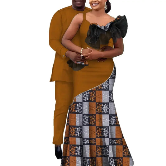 3pcs Set African Couple Clothes African Strap Dresses for Women Riche Men Print Top and Pants Suits Shirt with Trousers Wyq957