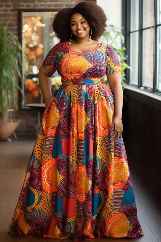 Plus Size Daily Maxi Dresses Casual Multicolor Ankara Spring Summer Round Neck Short Sleeve Pocket Knitted Maxi Dresses