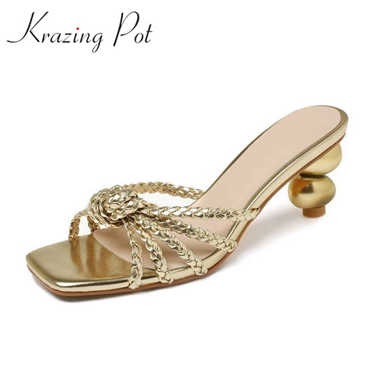 Krazing Pot Weaving Style Mules Flip Flops Gorgeous Peep Toe Summer Strange Style High Heels Party Superstar Sandals Women Ins