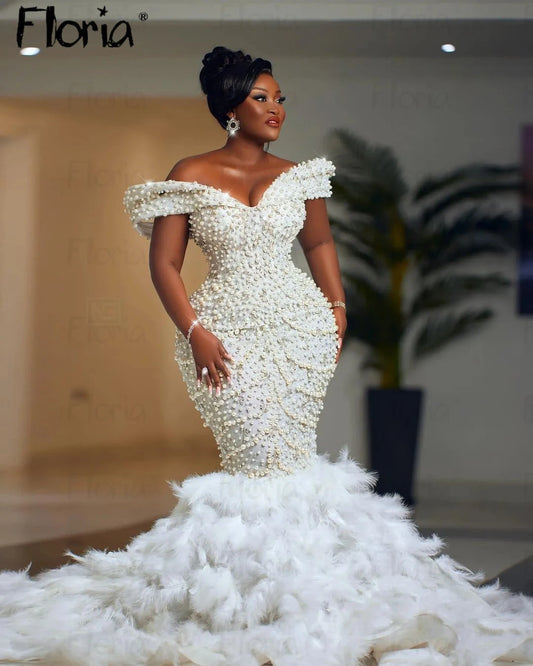 Floria Luxury Mermaid Feathers Wedding Dresses Sparkly Crystals Bridal Gowns Plus Size Dubai Vestidos De Novia свадебное пл