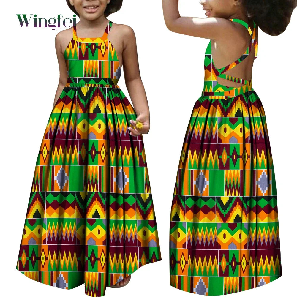 African Dresses for Girls Dashiki Children Clothes Ankara Fashion Floral Print Halter Long Dresses Kids African Clothes WYT728